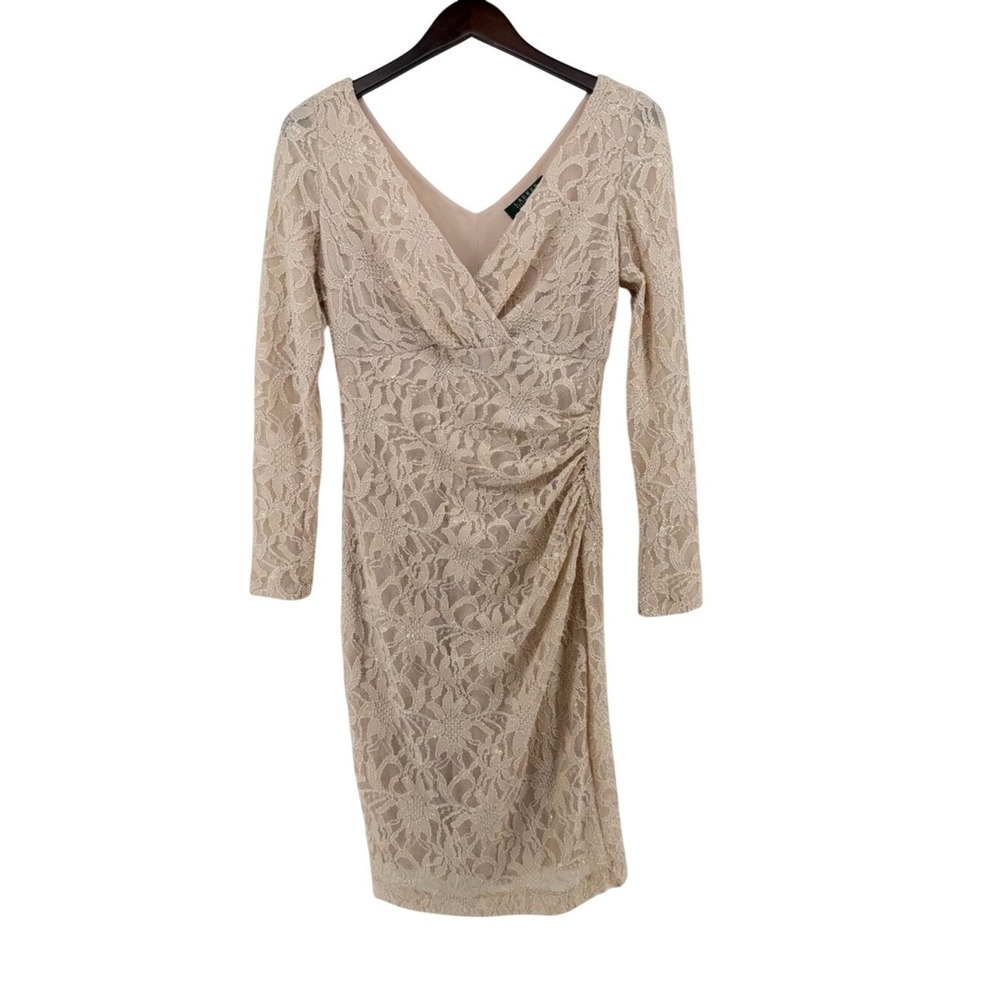 Lauren Ralph Lauren Champagne Sequin Lace Ruched V-Neck Sheath Dress 6